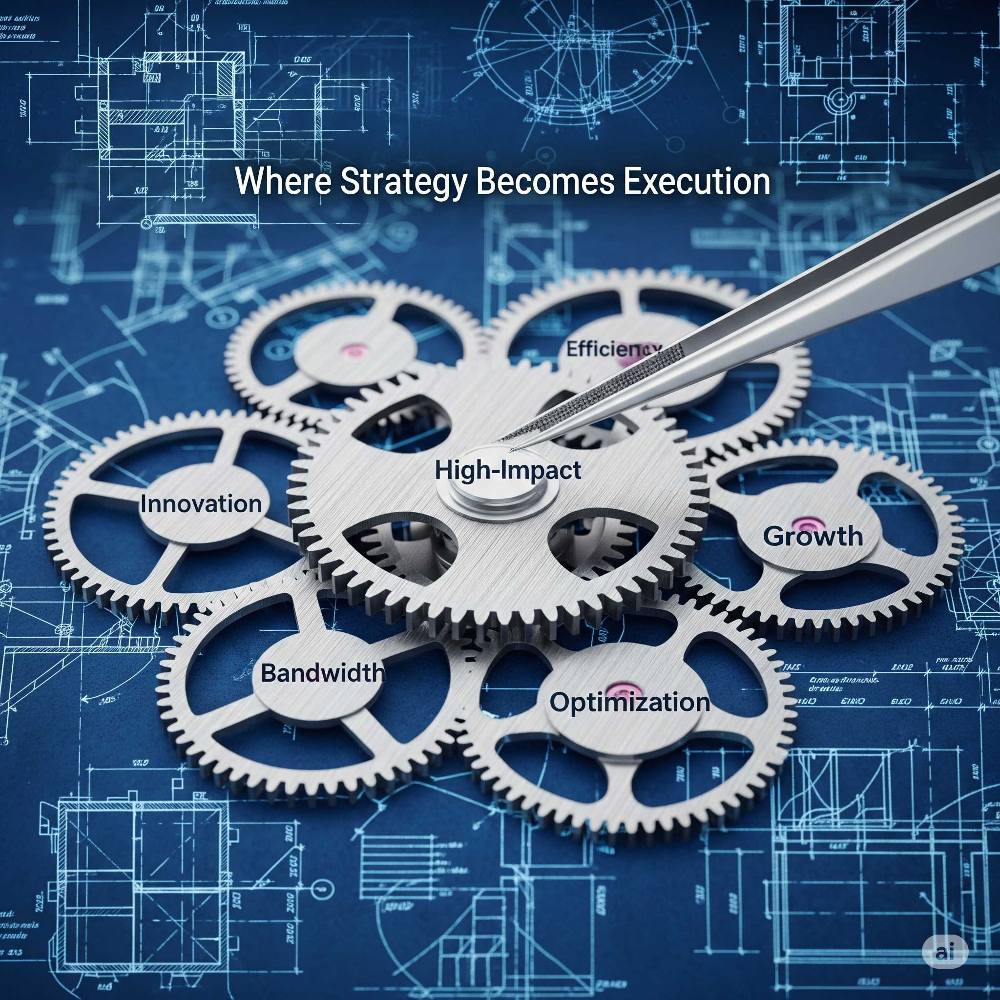 A central gear labeled 'OPERATIONS' with tweezers placing a final gear, all on a blueprint background. Surrounding gears are labeled with concepts like growth, profitability, and retention, symbolizing tailored solutions for a business's core functions.