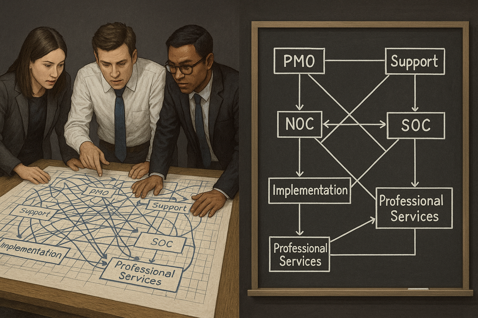 Team reviewing a chaotic blueprint contrasted with a simplified, organized version