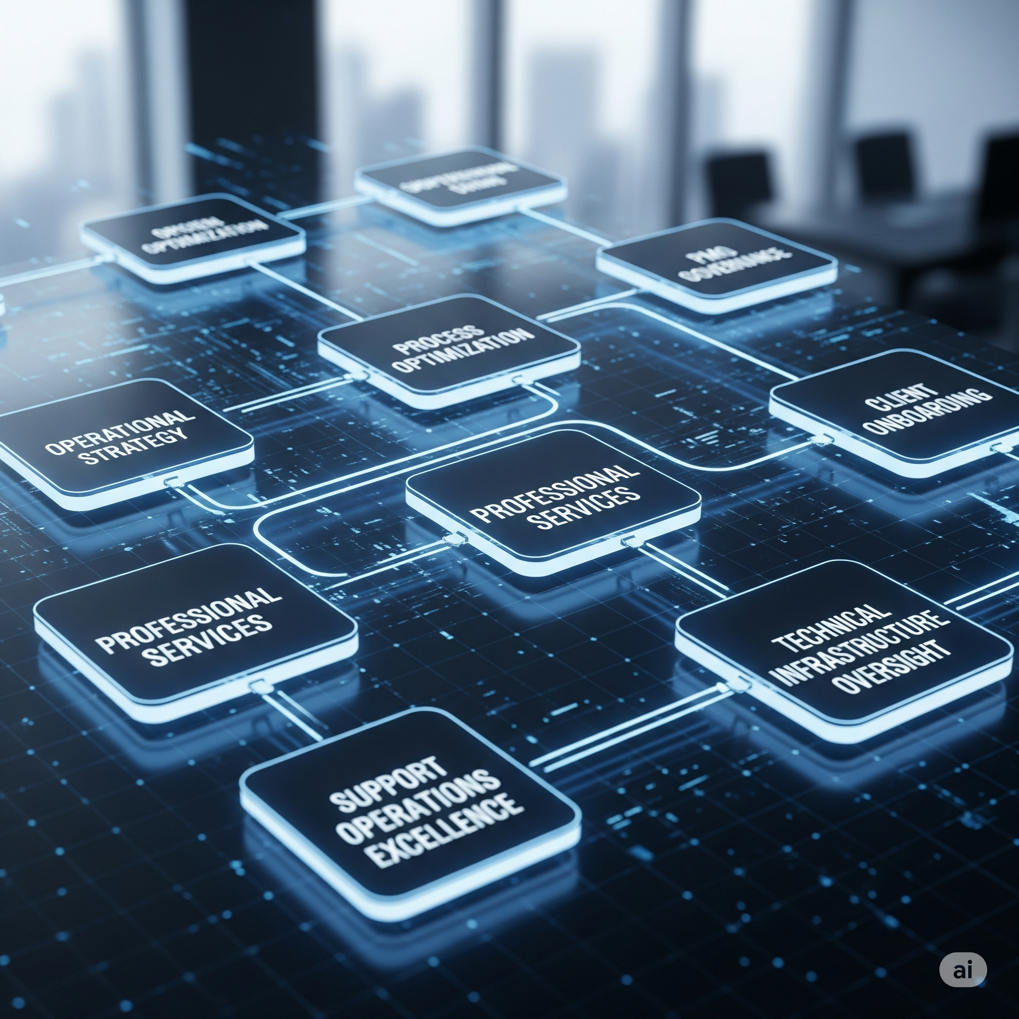 A professional and detailed digital diagram with a high-tech, futuristic aesthetic. The image features a complex, interconnected network of sleek, glowing boxes. Each box represents a different service and is labeled with a header name such as 'Operational Strategy', 'Process Optimization', 'PMO Governance', 'Professional Services', and 'Client Onboarding'.
