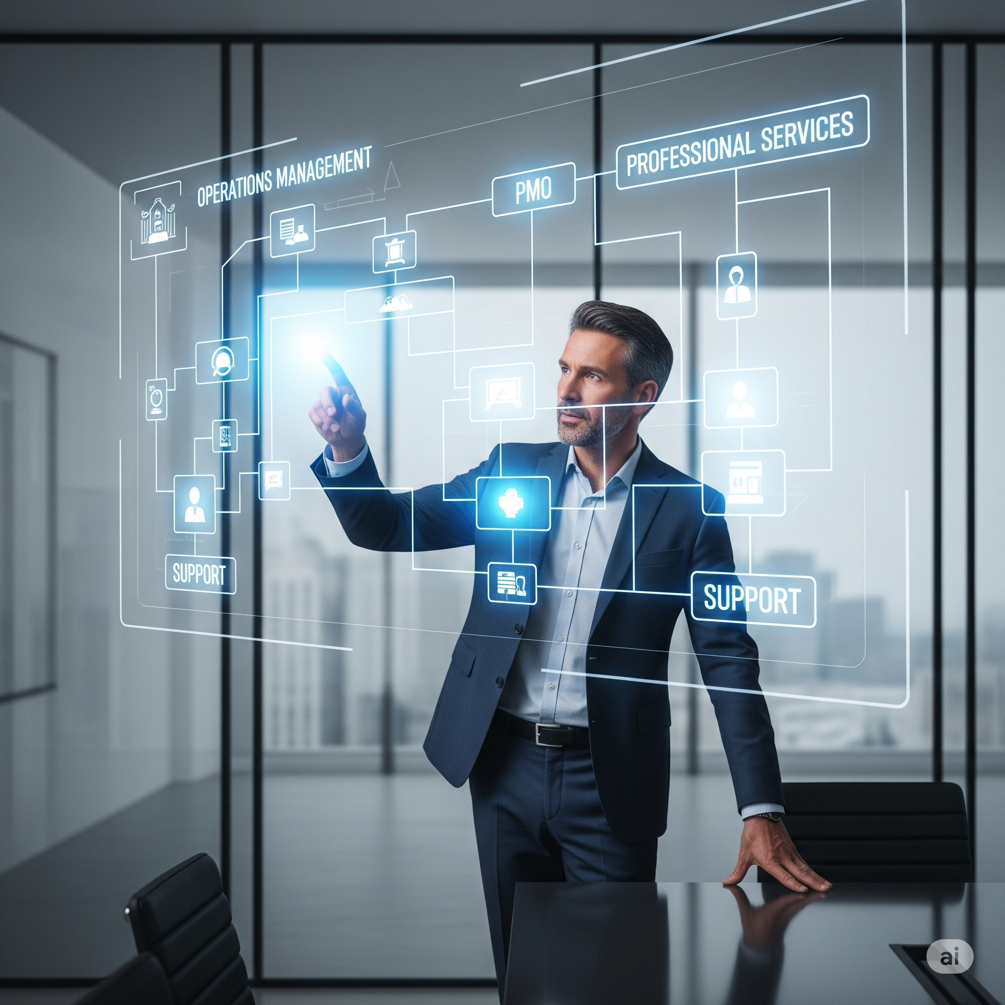 A professional and modern image for a consulting firm's 'Who We Are' page. A confident consultant is interacting with a large, holographic projection that visualizes a complex, interconnected organizational chart. The projection highlights various operational functions, demonstrating deep expertise.