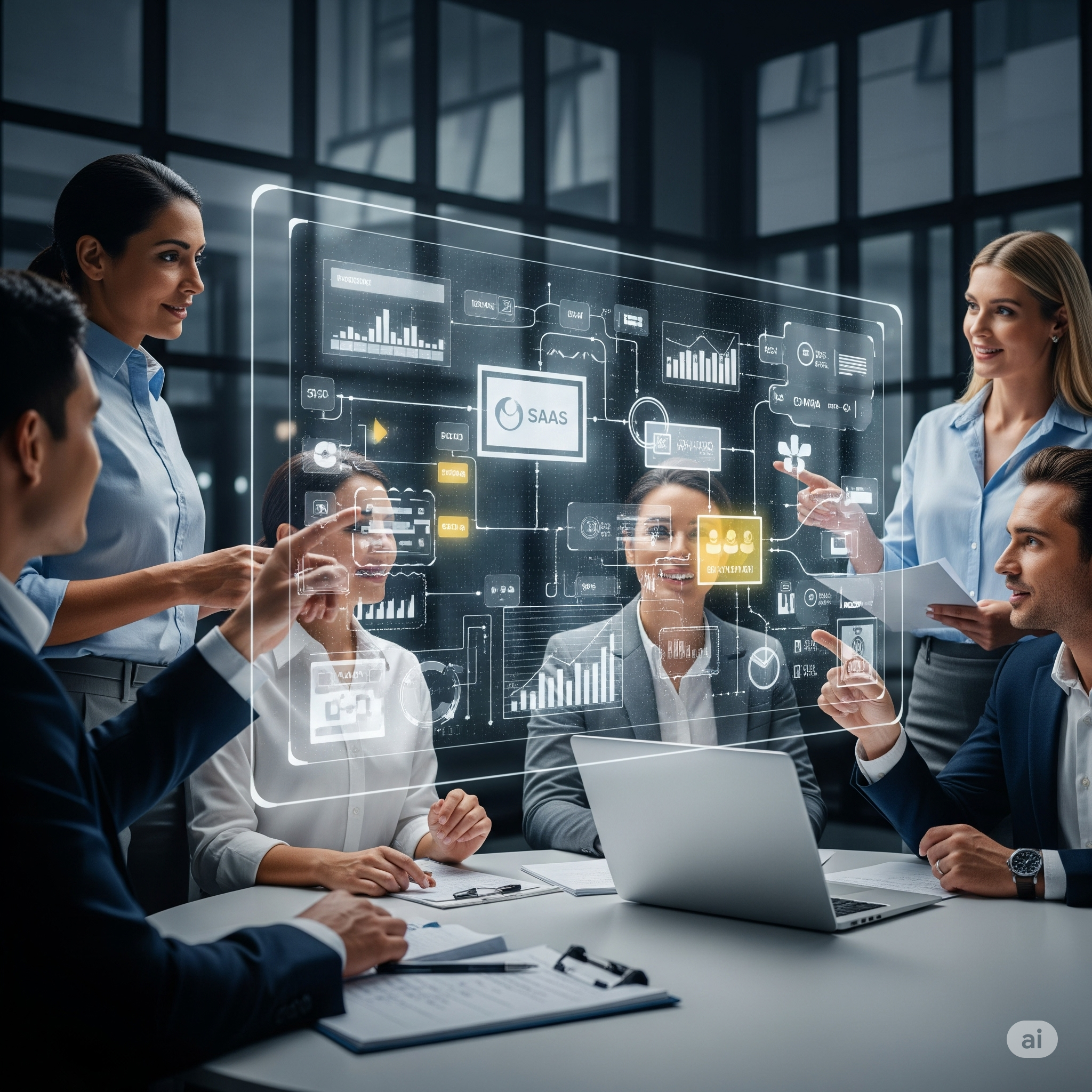 A professional team of consultants working collaboratively with a business's leadership and managers. The image should convey partnership and support, with consultants providing guidance on processes, tools, and strategy to improve team performance.